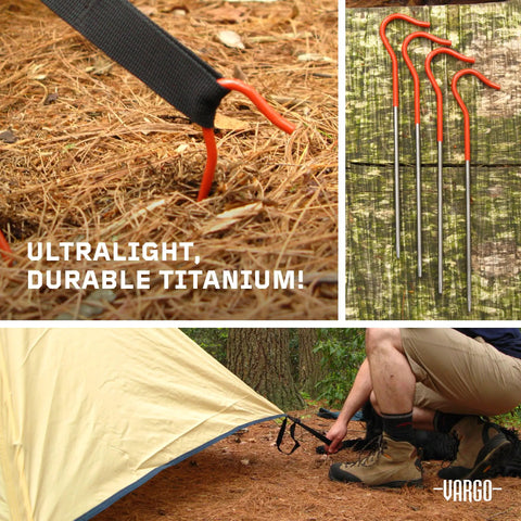 Ultralight Titanium Shepherds Hook Tent Stakes Pack Of 6 With Fluorescent Orange Heads for campsite setup and backpacking gear