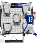 6x6ft Football Throwing Net with Five Target Pockets for Quarterback Accuracy Training, includes bag and stakes.