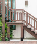 Outdoor wooden stairs secured with 4x4 Post Anchor Ground Spike Kit For Concrete Decks, Beefed-Up Steel With Black Powder Coat, Fits 3.5x3.5 Inch Wood Posts, Post Base Holder Brackets, Weatherproof Outdoor Use, 4 Pack.