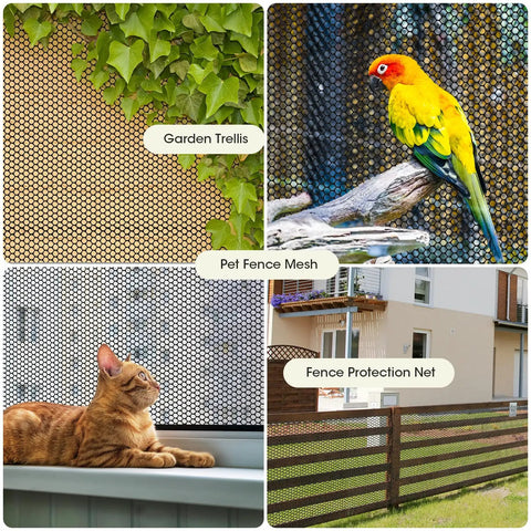 Collage showing Plastic Chicken Wire Fence Mesh 15.7 In By 16.4 Ft Black Hexagonal Tough Netting used for garden, pets, protection.