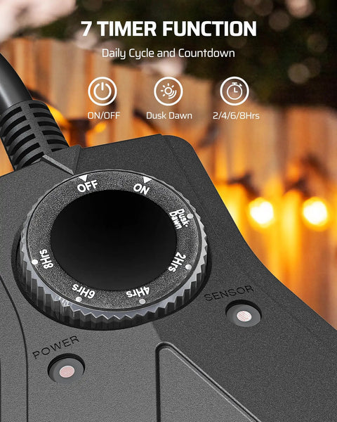 Close-up of dial on Weatherproof Outdoor Light Timer Featuring Automatic Dusk To Dawn Sensor and Triple Prong Outlet.