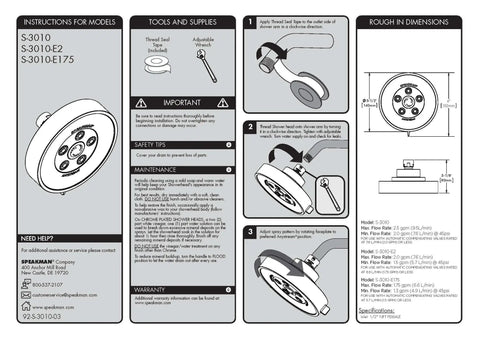 Installation guide and specifications for Neo Anystream 3 In 1 Shower Head With Self Cleaning Plungers Brushed Nickel Finish 2.5 GPM.