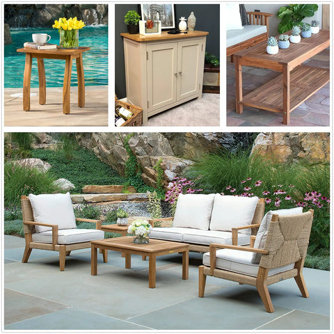 Collage of outdoor and indoor furniture including a wooden side table, cabinet, console, and patio seating set in a garden setting.