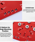 Close-up image of Top Rated 2 In 1 Shelf Pin Jig And Hinge Jig With 13 Alignment Holes, showing hinge mounting options and measurements.
