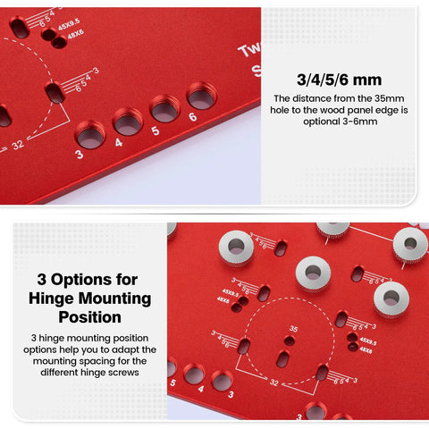 Close-up image of Top Rated 2 In 1 Shelf Pin Jig And Hinge Jig With 13 Alignment Holes, showing hinge mounting options and measurements.