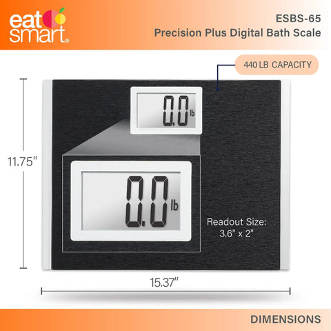 Heavy Duty Body Weight Scale With Extra Wide 15 Inch By 13 Inch Platform Built Tough For Comfortable Feet Fingerprint Resistant Glass Base Ultra Large Backlit LCD 440 Pound Capacity Easy Read Display For Quick Everyday Weights with dimensions and backlit LCD display.