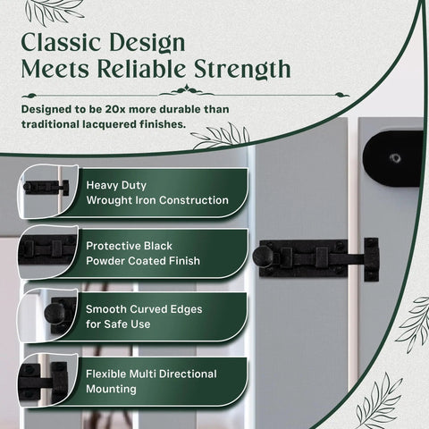 Solid As A Rock Heavy Duty Wrought Iron Slide Bolt Latch With Classic Ball Tip Handle Black Rust Resistant Finish for secure mounting.