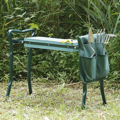 Folding Garden Kneeler Seat With Handles And Pouch, Heavy Duty Yard Chair With Soft Kneeling Pad, rust resistant steel frame, green