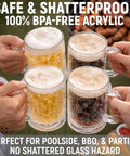 Chill Out With These Super Solid Double Wall Freezer Beer Mugs Holding Sixteen Ounces Using Encased Gel Cores To Keep Every Sip Frosted Without Adding Ice To The Mix. Group of four shatterproof acrylic beer mugs at a BBQ.