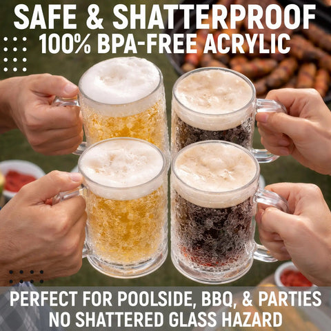 Chill Out With These Super Solid Double Wall Freezer Beer Mugs Holding Sixteen Ounces Using Encased Gel Cores To Keep Every Sip Frosted Without Adding Ice To The Mix. Group of four shatterproof acrylic beer mugs at a BBQ.