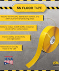 Built Like A Rock 5S Floor Marking Tape Yellow 6 Inch Wide 100 Foot Roll Heavy Duty Industrial tape on gray surface.