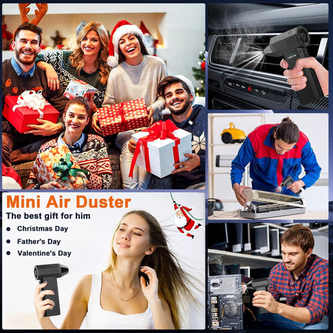 Collage showing Beast Mode Rechargeable Electric Air Duster used for car, electronics, and group gift settings.