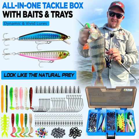 Angler holding fish with All In One Fishing Kit With Rod And Reel, Net, Tackle Box, Lures And Pliers, Complete Gear displayed