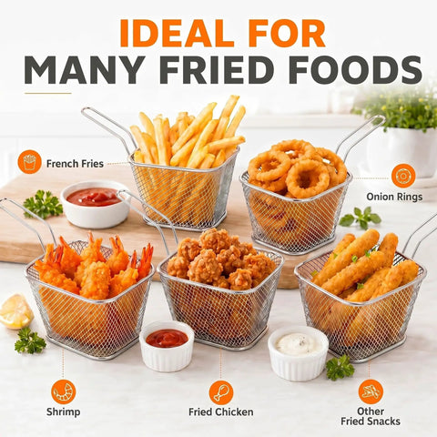 24 Pack Mini Square Fry Baskets Stainless Steel Mesh Holders with Heat Resistant Handles for crispy fries, chicken, and snacks
