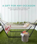 Two Person Outdoor Hammock With Spreader Bars And Cotton Rope, Backyard Patio Lounger For Chill Sessions, Carrying Case, 450 Pound Weight Capacity, Easy Setup For Relaxing Weekends, Cozy Nap Spot For You And A Friend on grass with pillow and blanket