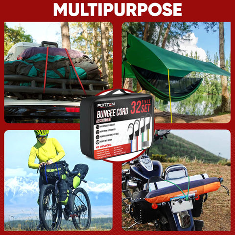 All Purpose Bungee Cord Set 32 Pack With 10 18 24 32 40 Inch Cords And 8 Inch Canopy Tarp Ball Ties in various outdoor uses