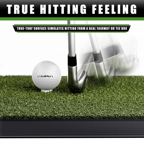 Golf club striking ball on Premium Synthetic Turf Golf Hitting Mat With Heavy Duty Rubber Base And 16mm True Turf Surface That Feels Like Real Fairway Or Tee Box Includes 9 Plastic Tees And 1 Rubber Tee Holder Dark Green Pro 13x17