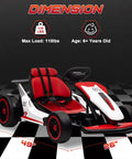 24V Ride On Drift Kart With Dual 150W Motors, 10Ah Battery, EVA Tires, displays size dimensions and 110 lbs max load