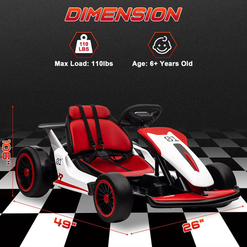24V Ride On Drift Kart With Dual 150W Motors, 10Ah Battery, EVA Tires, displays size dimensions and 110 lbs max load