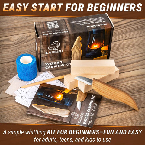 Beginner Friendly Whittling Kit With Wood Carving Tools And Wood Blocks, All In One DIY Woodworking Set for crafting small carved figures.