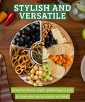 Slick Ceramic Taco Lazy Susan Featuring Six Deep Bowls And A Silky Swivel Base with assorted snacks and dips for gatherings.
