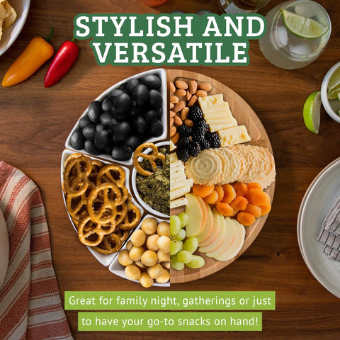 Slick Ceramic Taco Lazy Susan Featuring Six Deep Bowls And A Silky Swivel Base with assorted snacks and dips for gatherings.