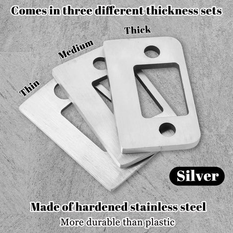 Top Shelf Door Strike Shim Plates With Stainless Steel Spacers Deadbolt Restorer Alignment Kit showing three thickness options.