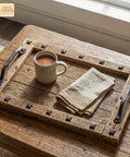 Colonial Era Solid Cast Iron Decorative Nailhead Studs For Doors, Cabinets And Furniture on rustic tray with mug and napkin
