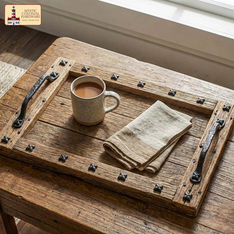 Colonial Era Solid Cast Iron Decorative Nailhead Studs For Doors, Cabinets And Furniture on rustic tray with mug and napkin