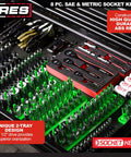 8 Piece Metric And SAE Socket Organizer Tray Set Black And Green Socket Holders with Tools in Drawer