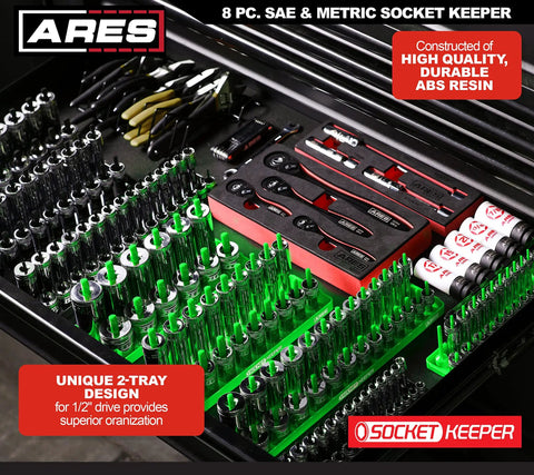 8 Piece Metric And SAE Socket Organizer Tray Set Black And Green Socket Holders with Tools in Drawer