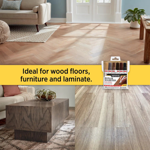 Slick No Fuss Scratch Repair Marker For Hardwood Floors And Furniture Hide Deep Nicks Scrapes On Cabinets Laminate Door Trim Restore That Like New Look With Simple Glide Application Total Weekend Warrior Pick displayed among wood floors and furniture.