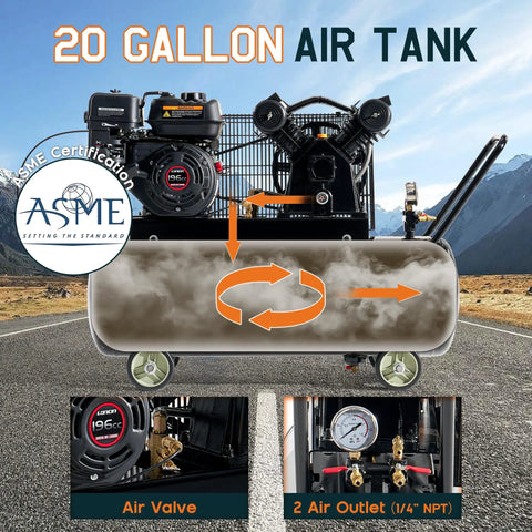 Albott 6.5HP Gas Air Compressor With 20 Gallon Portable Horizontal Tank, 115 PSI Max Pressure And Dual Air Outlets For Robust Performance And Extended Runtime On Any Job Site