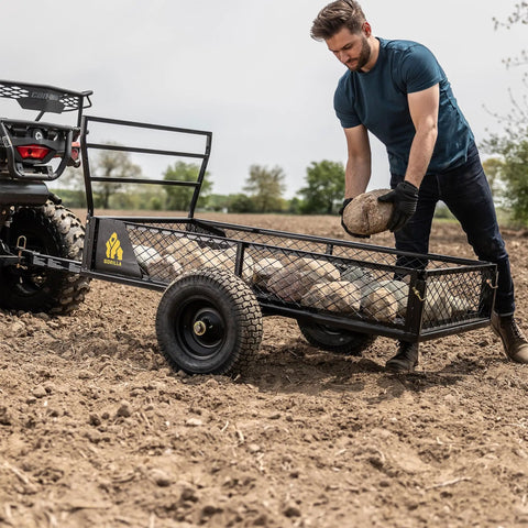 Heavy Duty ATV Trailer With 27.5 Cu Ft Bed, 1,400 Lb Load Capacity, Black Steel Utility Dump Cart used for hauling rocks