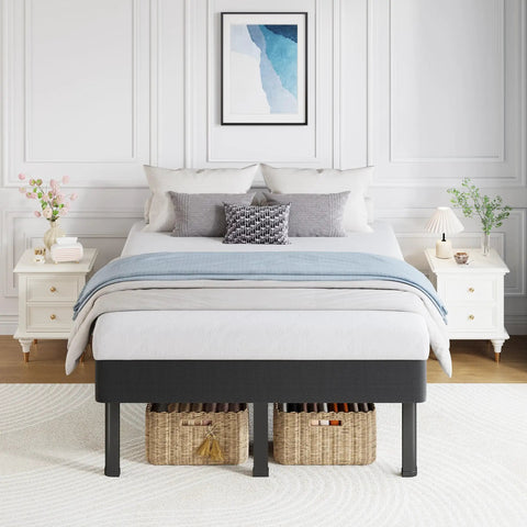 King Size Box Spring And All In One Mattress Foundation 18 Inch Steel Frame Heavy Duty Metal Bed Support in stylish bedroom setup.