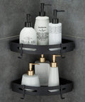 2 Pack Hassle Free Bathroom Corner Shelf With Heavy Duty Self Adhesive Shower Caddy And 4 Hooks For Kitchen And Toilet Solid Space Aluminum No Drill Storage Rack holding soap bottles.