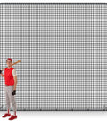Baseball And Softball Pitching Screen With Ten By Ten One And A Half Inch Steel Frame Heavy Duty Batting Net shown with player