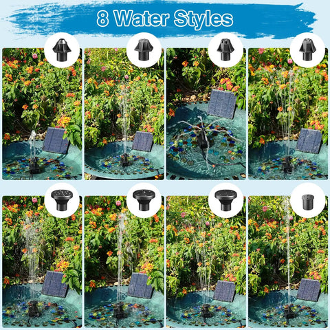 Solar Fountain Kit With Glass Panel Holder No Battery DIY Mini Solar Water Pump Works In Shadow With Sucker Mount for Bird Bath showing 8 water styles.