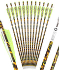 12 Pack 20 Inch Carbon Crossbow Bolts with Camouflage Shafts and 125 Grain Removable Tips displayed with components