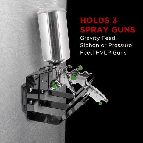 Heavy Duty Magnetic Paint Spray Gun Holder Stand That Keeps Three Guns Secure and Ready on spray booth wall