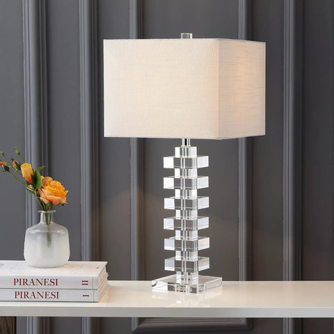 28 Inch Clear Geometric Stacked Crystal Table Lamp With White Linen Shade Modern Glam Bedside Light For Living Room Or Bedroom LED Bulb Included ETL Listed on white surface