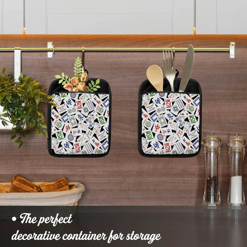 Funny Mahjong Inspired Pot Holders For Kitchen hanging with utensils and plants in pockets
