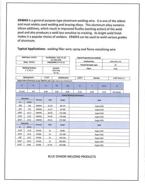 ER4043 Aluminum TIG Weld Rod For General Use One Sixteenth Inch Diameter Thirty Six Inch Length One Pound Tube Blue Color Bang For Your Buck Value For Auto Body And DIY Welds diagram and specifications sheet