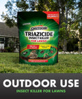 Triazicide Insect Killer For Lawns Granules Kills Lawn Insects Above And Below Ground Including Ants Crickets Armyworms Grubs Ticks And More In A 20 Lb Bag For Yard Protection Around The Foundation displayed on grassy lawn.