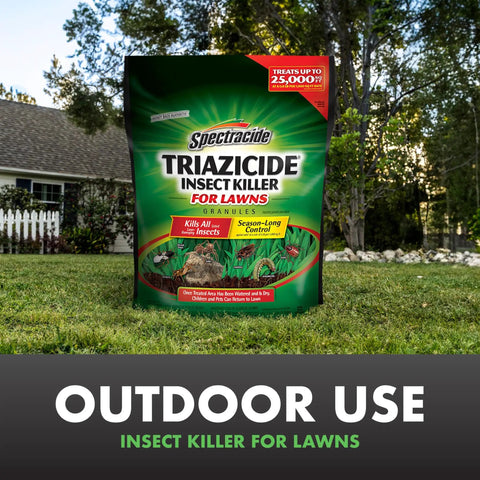 Triazicide Insect Killer For Lawns Granules Kills Lawn Insects Above And Below Ground Including Ants Crickets Armyworms Grubs Ticks And More In A 20 Lb Bag For Yard Protection Around The Foundation displayed on grassy lawn.