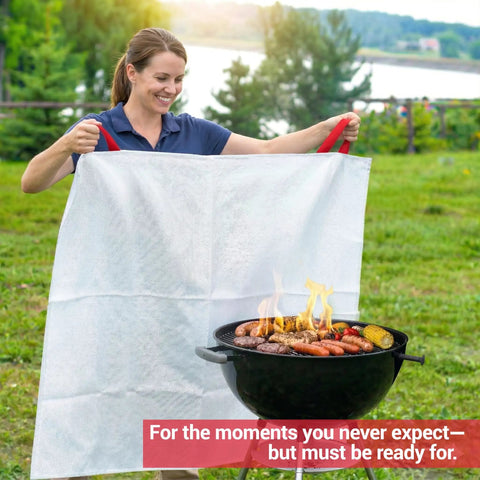 Woman using Extra Large 60 By 70 Inch Fiberglass Fire Blanket For Grills BBQs Campfires And Tailgating With Patent Pending Safety Handles.