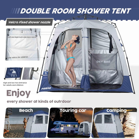 Pop Up Portable Camping Shower Tent Deluxe Changing Room Privacy Shelter Two Rooms With Floor Drain For Beach Camp And Hiking Easy Setup No Tools Stakes And Ropes For Stability with a person inside showing dual-room use at campsite.