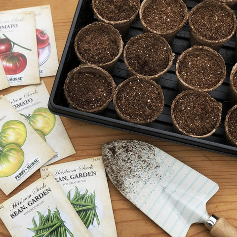 Seedling Starter Tray Set Durable Reusable Plastic Germination Trays With Watertight No Holes Base 21 By 10.75 Inches And 2 Inch Depth 10 Pack For Veggies Herbs And Flowers Indoors with peat pots and seed packets on table.