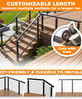 Heavy Duty 6 Foot 6 Inch Stainless Steel Flat Handrail Slick Matte Black Finish Cable Railing run on outdoor wooden stairs.