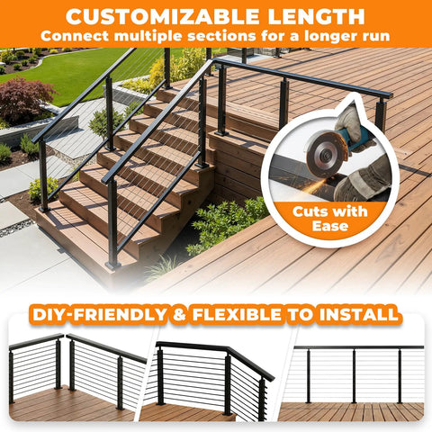 Heavy Duty 6 Foot 6 Inch Stainless Steel Flat Handrail Slick Matte Black Finish Cable Railing run on outdoor wooden stairs.